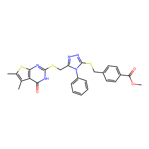 methyl 4-{[(5-{[(4-hydroxy-5,6-dimethylthieno[2,3-d]pyrimidin-2-yl)sulfanyl]methyl}-4-phenyl-4H-1,2,4-triazol-3-yl)sulfanyl]methyl}benzoate structure