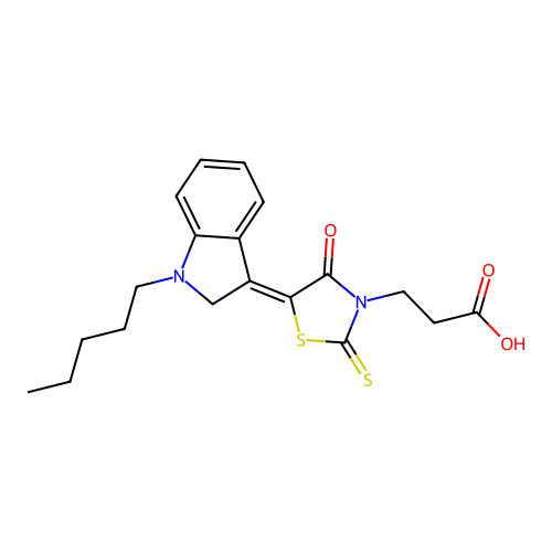 (Z)-3-(4-oxo-5-(1-pentylindolin-3-ylidene)-2-thioxothiazolidin-3-yl)propanoic acid structure