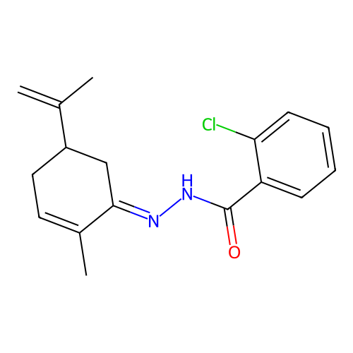 2-chloro-N'-(5-isopropenyl-2-methylcyclohex-2-en-1-ylidene)benzohydrazide structure