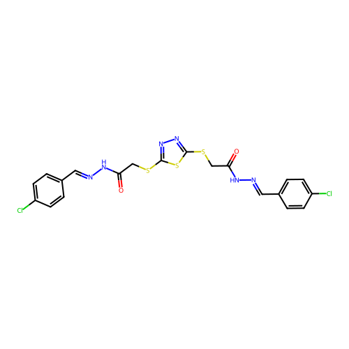 (N'E,N'''E)-2,2'-((1,3,4-thiadiazole-2,5-diyl)bis(sulfanediyl))bis(N'-(4-chlorobenzylidene)acetohydrazide) structure