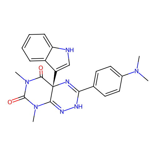 (4aR)-3-(4-dimethylaminophenyl)-4a-(1H-indol-3-yl)-6,8-dimethyl-2H-pyrimido[5,4-e][1,2,4]triazine-5,7-dione structure
