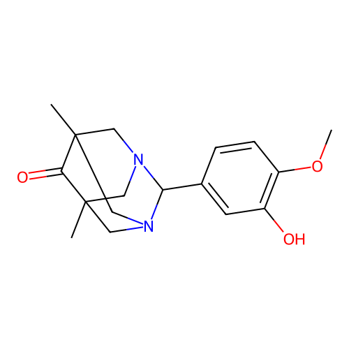 (1r,5R,7S)-2-(3-hydroxy-4-methoxyphenyl)-5,7-dimethyl-1,3-diazaadamantan-6-one structure