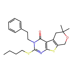 2-(butylsulfanyl)-6,6-dimethyl-3-(2-phenylethyl)-3,5,6,8-tetrahydro-4H-pyrano[4',3':4,5]thieno[2,3-d]pyrimidin-4-one structure