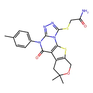 2-((7,7-dimethyl-5-oxo-4-(p-tolyl)-5,6,7,9-tetrahydro-4H-pyrano[4',3':4,5]thieno[3,2-e][1,2,4]triazolo[4,3-a]pyrimidin-1-yl)thio)acetamide structure