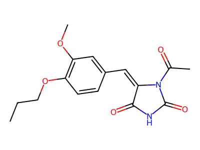 (E)-1-acetyl-5-(3-methoxy-4-propoxybenzylidene)imidazolidine-2,4-dione structure