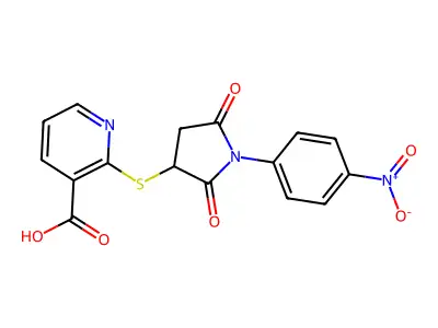 2-((1-(4-Nitrophenyl)-2,5-dioxopyrrolidin-3-yl)thio)nicotinic acid structure