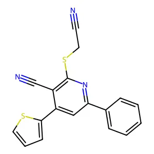 2-[(Cyanomethyl)sulfanyl]-6-phenyl-4-(2-thienyl)nicotinonitrile structure