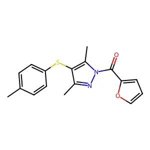 (3,5-dimethyl-4-(p-tolylthio)-1H-pyrazol-1-yl)(furan-2-yl)methanone structure