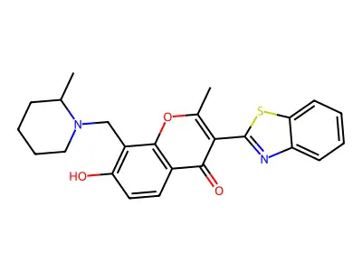 3-(1,3-benzothiazol-2-yl)-7-hydroxy-2-methyl-8-[(2-methylpiperidin-1-yl)methyl]-4H-chromen-4-one structure
