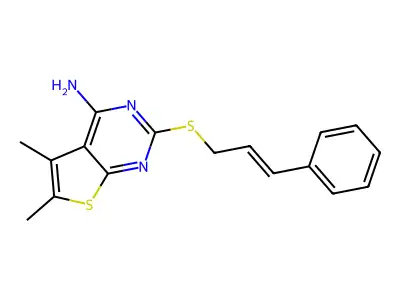 5,6-dimethyl-2-[(E)-3-phenylprop-2-enyl]sulfanylthieno[2,3-d]pyrimidin-4-amine structure