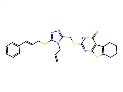 (E)-2-(((4-allyl-5-(cinnamylthio)-4H-1,2,4-triazol-3-yl)methyl)thio)-5,6,7,8-tetrahydrobenzo[4,5]thieno[2,3-d]pyrimidin-4(3H)-one structure