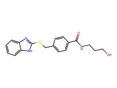 4-(((1H-benzo[d]imidazol-2-yl)thio)methyl)-N-(3-hydroxypropyl)benzamide structure