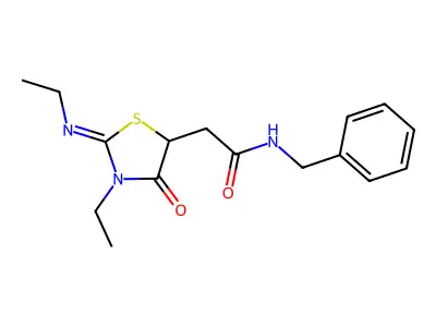 N-benzyl-2-[(2E)-3-ethyl-2-(ethylimino)-4-oxo-1,3-thiazolidin-5-yl]acetamide structure