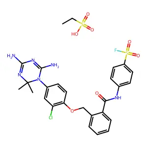4-[[2-[[2-chloro-4-(4,6-diamino-2,2-dimethyl-1,3,5-triazin-1-yl)phenoxy]methyl]benzoyl]amino]benzenesulfonyl fluoride; ethanesulfonic acid structure
