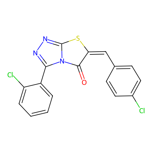 (E)-6-(4-chlorobenzylidene)-3-(2-chlorophenyl)thiazolo[2,3-c][1,2,4]triazol-5(6H)-one structure