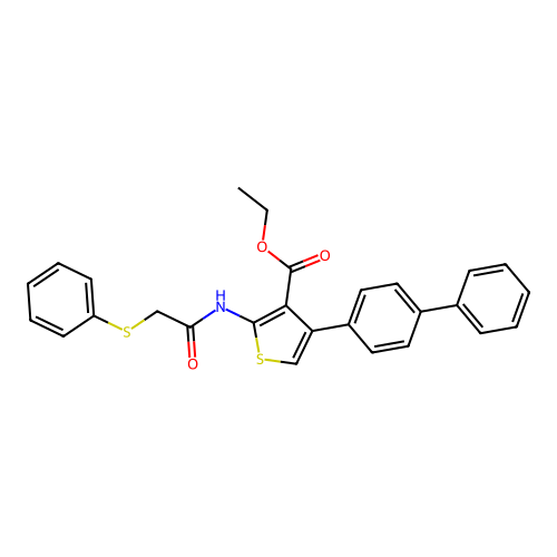 Ethyl 4-(biphenyl-4-yl)-2-{[(phenylsulfanyl)acetyl]amino}thiophene-3-carboxylate structure