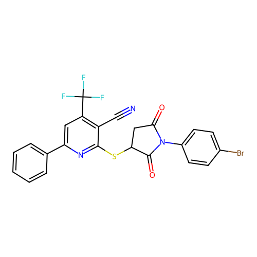 2-[1-(4-bromophenyl)-2,5-dioxopyrrolidin-3-yl]sulfanyl-6-phenyl-4-(trifluoromethyl)pyridine-3-carbonitrile structure