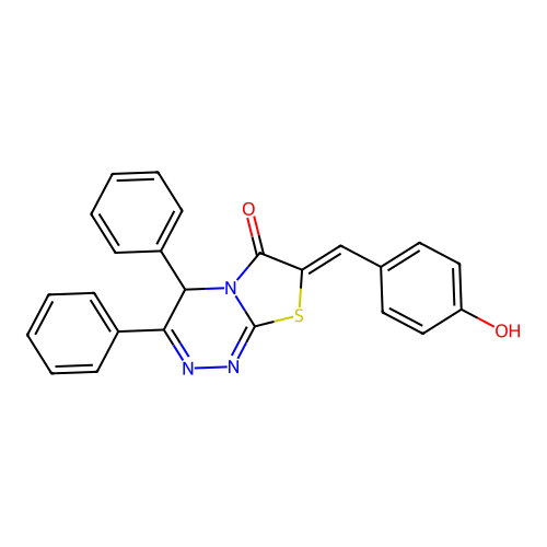 7-(4-hydroxybenzylidene)-3,4-diphenyl-4H-thiazolo[2,3-c][1,2,4]triazin-6(7H)-one structure