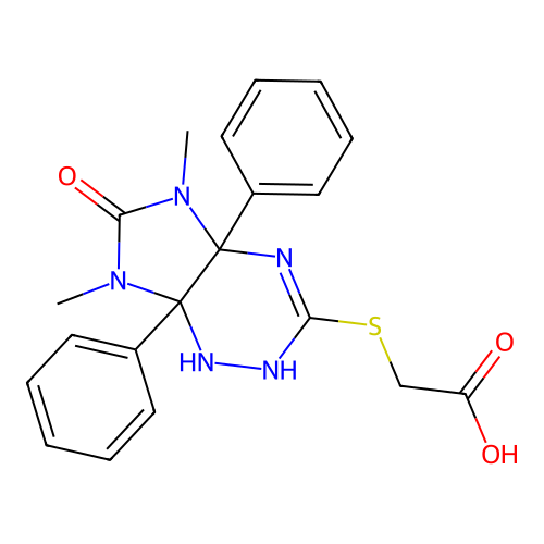 2-[(5,7-dimethyl-6-oxo-4a,7a-diphenyl-1,2-dihydroimidazo[4,5-e][1,2,4]triazin-3-yl)sulfanyl]acetic acid structure