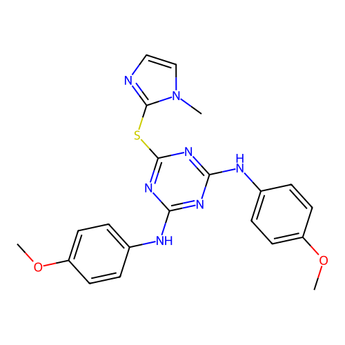 1,3,5-Triazine, 2,4-bis(4-methoxyphenylamino)-6-(1-methyl-2-imidazolylthio)- structure