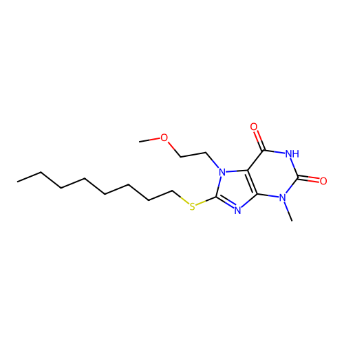 7-(2-methoxyethyl)-3-methyl-8-(octylsulfanyl)-3,7-dihydro-1H-purine-2,6-dione structure