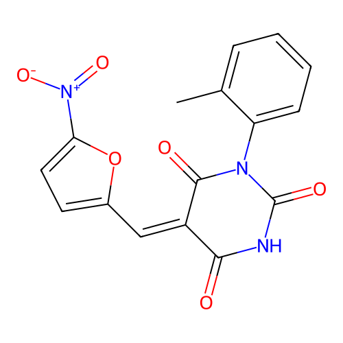 (5Z)-1-(2-methylphenyl)-5-[(5-nitrofuran-2-yl)methylidene]-1,3-diazinane-2,4,6-trione structure