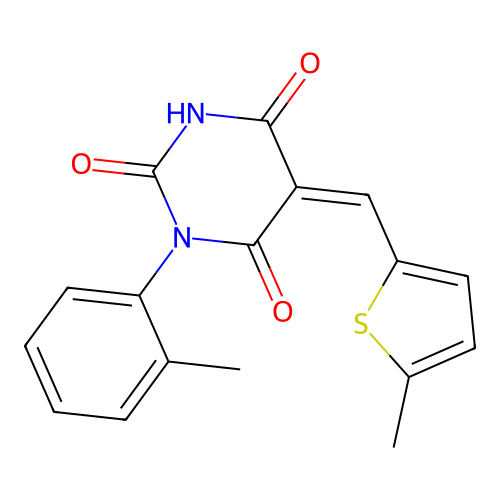 (Z)-5-((5-methylthiophen-2-yl)methylene)-1-(o-tolyl)pyrimidine-2,4,6(1H,3H,5H)-trione structure