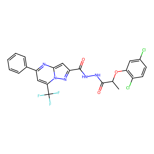 N'-[2-(2,5-dichlorophenoxy)propanoyl]-5-phenyl-7-(trifluoromethyl)pyrazolo[1,5-a]pyrimidine-2-carbohydrazide structure