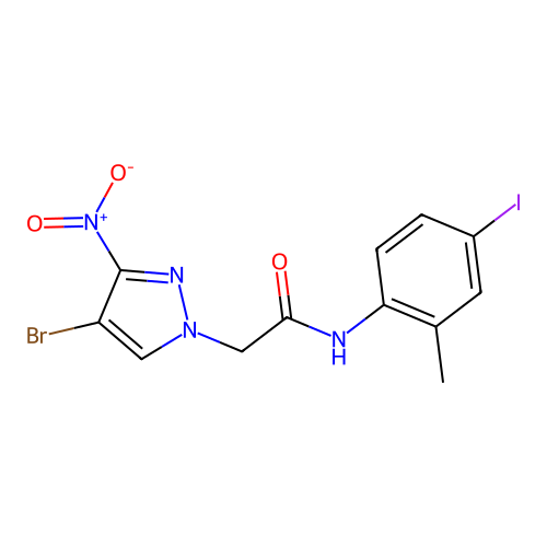 2-(4-bromo-3-nitro-1H-pyrazol-1-yl)-N-(4-iodo-2-methylphenyl)acetamide structure