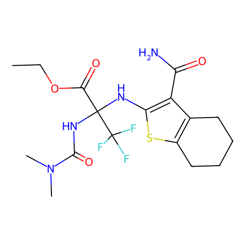 ethyl 2-[(3-carbamoyl-4,5,6,7-tetrahydro-1-benzothiophen-2-yl)amino]-N-(dimethylcarbamoyl)-3,3,3-trifluoroalaninate structure