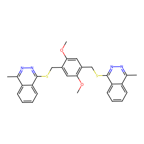 1,1'-[(2,5-dimethoxybenzene-1,4-diyl)bis(methanediylsulfanediyl)]bis(4-methylphthalazine) structure