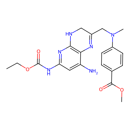 methyl 4-[({8-amino-6-[(ethoxycarbonyl)amino]-3,4-dihydropyrido[2,3-b]pyrazin-2-yl}methyl)(methyl)amino]benzoate structure