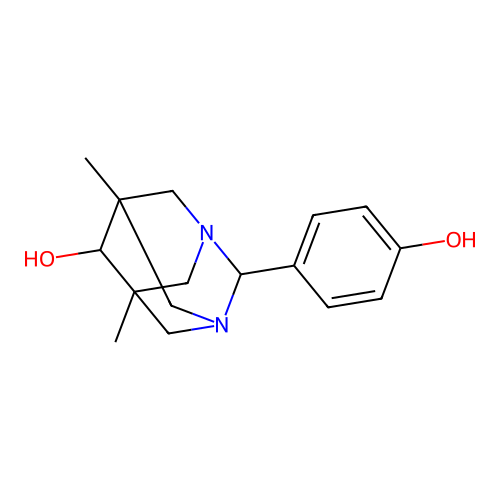 2-(4-Hydroxyphenyl)-5,7-dimethyl-1,3-diazatricyclo[3.3.1.1~3,7~]decan-6-OL structure