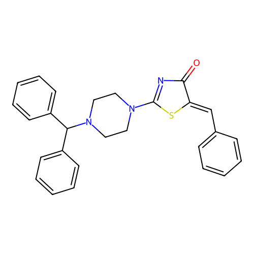 (5Z)-5-benzylidene-2-[4-(diphenylmethyl)piperazin-1-yl]-1,3-thiazol-4(5H)-one structure