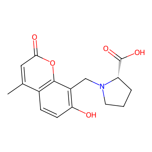 (2S)-1-[(7-hydroxy-4-methyl-2-oxochromen-8-yl)methyl]pyrrolidine-2-carboxylic acid structure