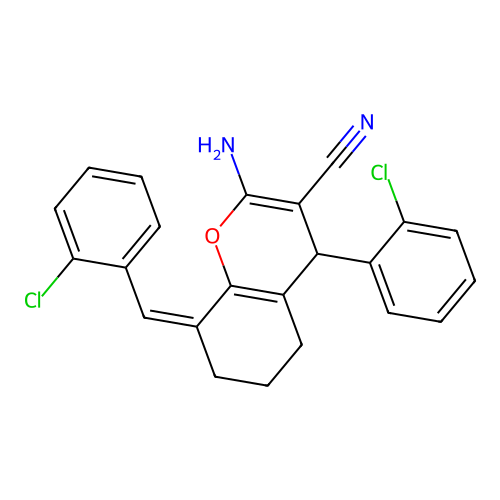 (8Z)-2-amino-4-(2-chlorophenyl)-8-[(2-chlorophenyl)methylidene]-4,5,6,7-tetrahydrochromene-3-carbonitrile structure