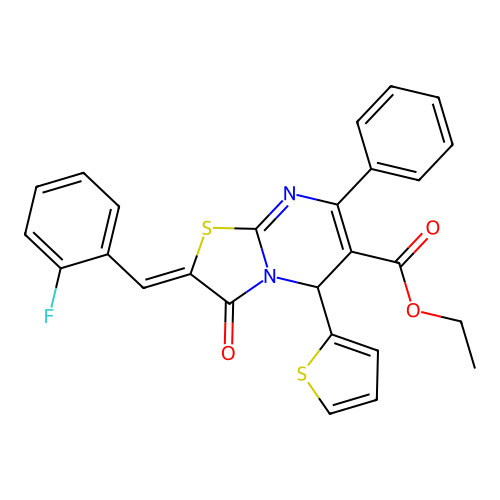 ethyl (2Z)-2-(2-fluorobenzylidene)-3-oxo-7-phenyl-5-(thiophen-2-yl)-2,3-dihydro-5H-[1,3]thiazolo[3,2-a]pyrimidine-6-carboxylate structure