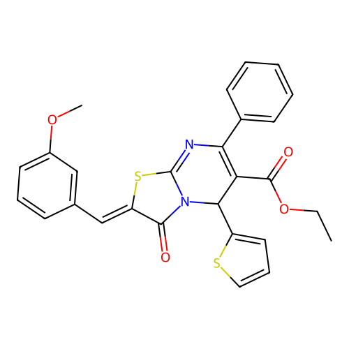 (Z)-ethyl 2-(3-methoxybenzylidene)-3-oxo-7-phenyl-5-(thiophen-2-yl)-3,5-dihydro-2H-thiazolo[3,2-a]pyrimidine-6-carboxylate structure