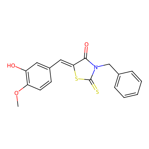 (Z)-3-benzyl-5-(3-hydroxy-4-methoxybenzylidene)-2-thioxothiazolidin-4-one structure