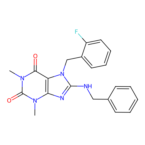 8-(benzylamino)-7-(2-fluorobenzyl)-1,3-dimethyl-3,7-dihydro-1H-purine-2,6-dione structure