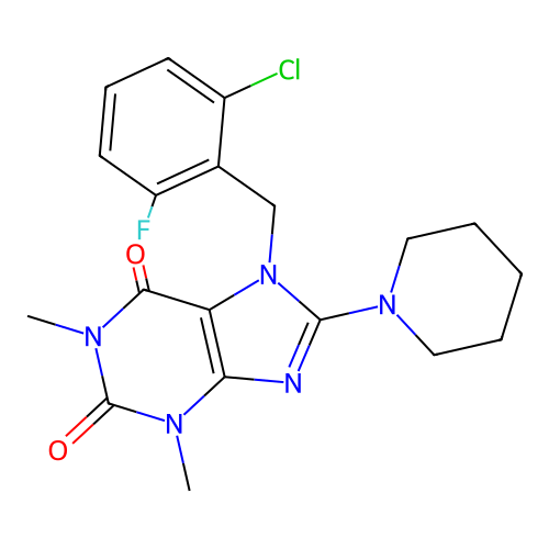 7-(2-chloro-6-fluorobenzyl)-1,3-dimethyl-8-(piperidin-1-yl)-3,7-dihydro-1H-purine-2,6-dione structure