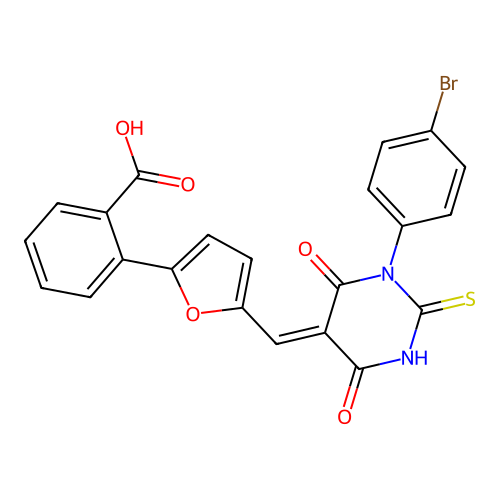 (Z)-2-(5-((1-(4-bromophenyl)-4,6-dioxo-2-thioxotetrahydropyrimidin-5(2H)-ylidene)methyl)furan-2-yl)benzoic acid structure