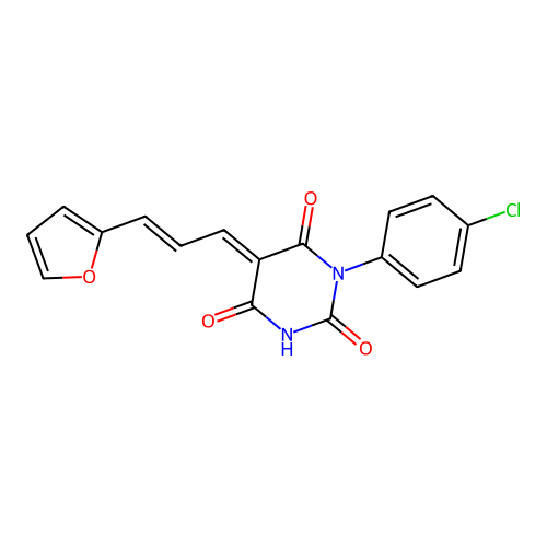 (5E)-1-(4-chlorophenyl)-5-[(2E)-3-(furan-2-yl)prop-2-en-1-ylidene]pyrimidine-2,4,6(1H,3H,5H)-trione structure