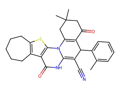 2,2-dimethyl-5-(2-methylphenyl)-4,8-dioxo-1,3,4,5,7,8,10,11,12,13-decahydro-2H,9H-cyclohepta[4',5']thieno[3',2':5,6]pyrimido[1,2-a]quinoline-6-carbonitrile structure