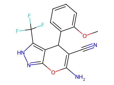 6-amino-4-(2-methoxyphenyl)-3-(trifluoromethyl)-2,4-dihydropyrano[2,3-c]pyrazole-5-carbonitrile structure
