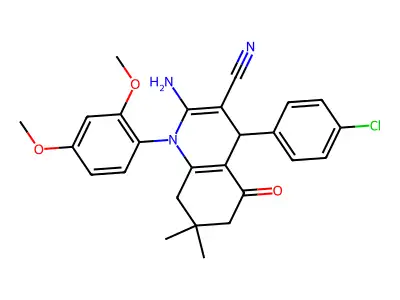 2-amino-4-(4-chlorophenyl)-1-(2,4-dimethoxyphenyl)-7,7-dimethyl-5-oxo-1,4,5,6,7,8-hexahydroquinoline-3-carbonitrile structure