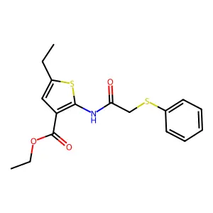 Ethyl 5-ethyl-2-{[(phenylsulfanyl)acetyl]amino}-3-thiophenecarboxylate structure