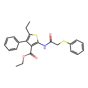 Ethyl 5-ethyl-4-phenyl-2-{[(phenylsulfanyl)acetyl]amino}-3-thiophenecarboxylate structure