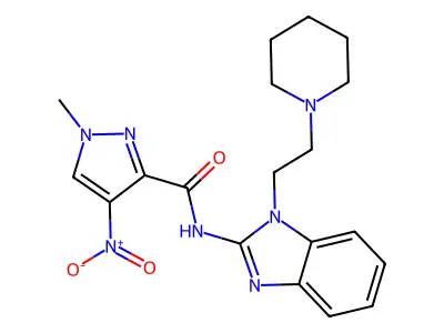 1-methyl-4-nitro-N-[1-(2-piperidin-1-ylethyl)benzimidazol-2-yl]pyrazole-3-carboxamide structure