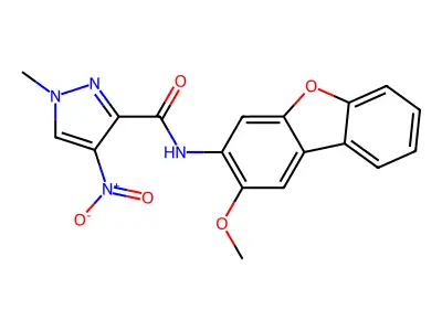 N-(2-methoxydibenzofuran-3-yl)-1-methyl-4-nitropyrazole-3-carboxamide structure